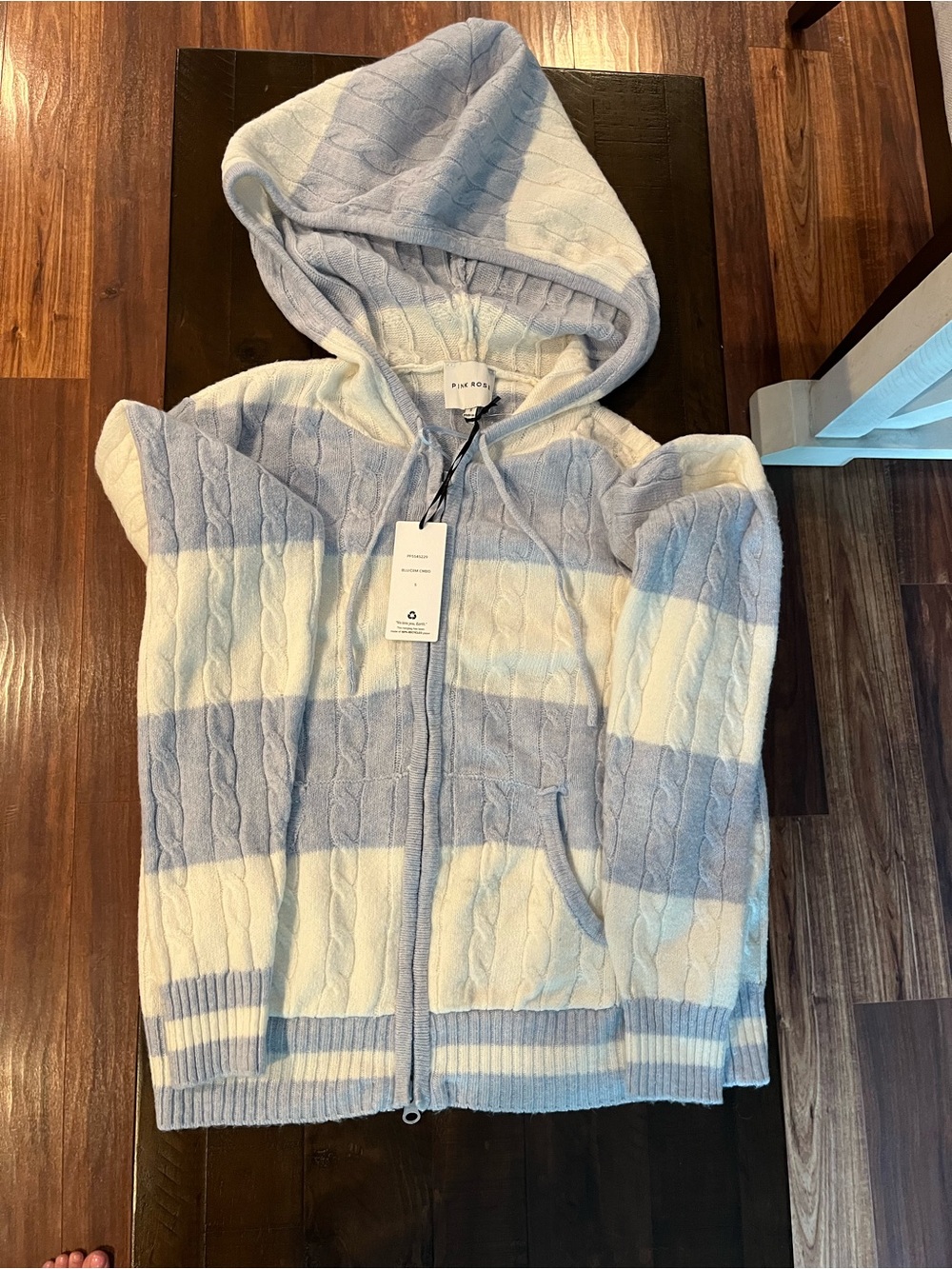 Cozy Striped Hooded Zip Cardigan - Light Blue & Cream NWT